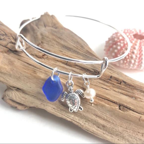 Hand Crafted Jewelry - RESERVED: Turtle And Sea Glass Charm Bracelet